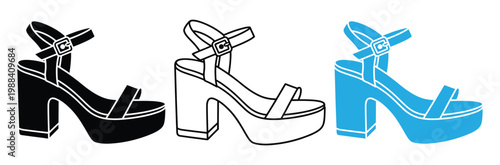 Three colored line art platform sandals with buckle heel strap