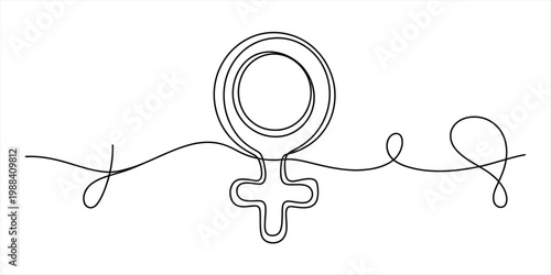 Minimalist continuous line art of the female gender symbol with abstract wavy lines on the sides. Vector, illustration