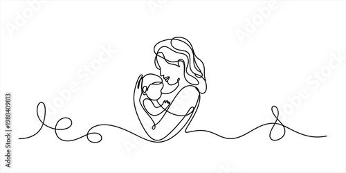 Minimalist continuous line art illustration of a mother tenderly cradling her newborn baby Vector, illustration