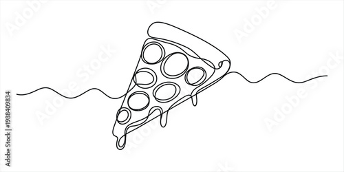Single line drawing of a pizza slice with pepperoni toppings and melting cheese drips. Vector, illustration