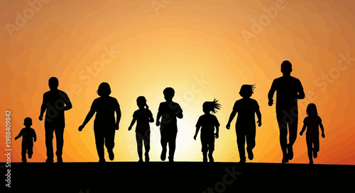 Silhouette Of Family Running Together At Sunset With Warm Atmosphere And Freedom