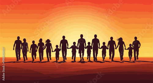 Silhouette Of Family Walking Towards Sunset, Representing Unity and Togetherness Silhouette