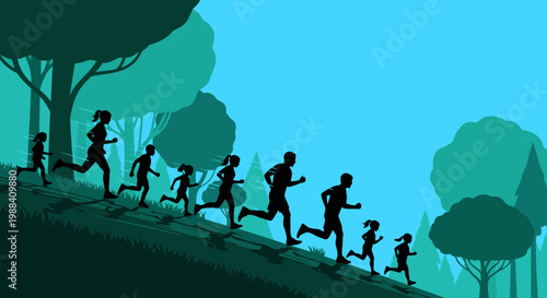 Silhouette Of Family Running Uphill In Nature With Green Tones And Blue Sky Above