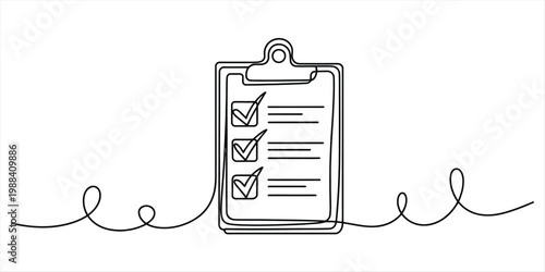 Continuous line drawing of a clipboard with three checkmarks on a checklist document. Vector, illustration