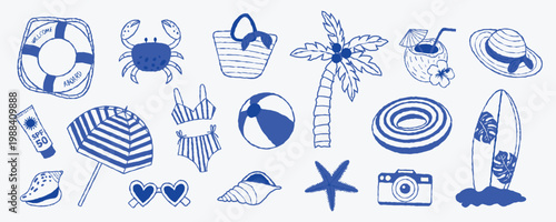 Hand drawn summer beach collection with tropical vacation elements. Palm tree, surfboard, umbrella, crab, swimsuit, coconut, shells and accessories. Coastal vector set isolated on blue background.