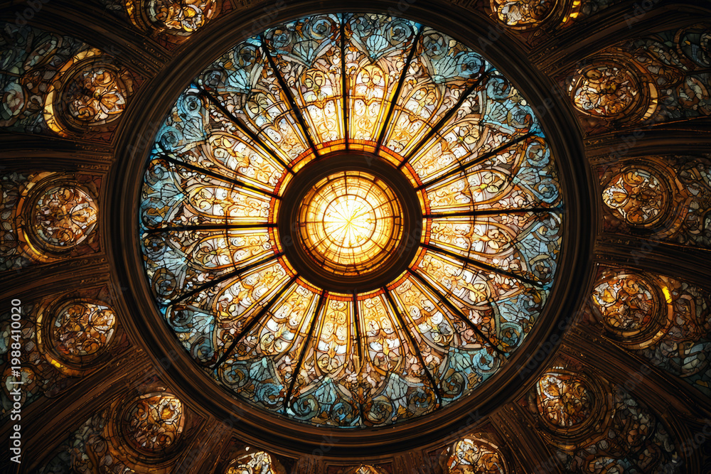 Obraz premium golden stained glass circular halo saint in a traditional Christian stained glass