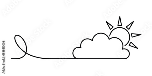 Minimalist continuous line drawing of a sun rising or setting behind a fluffy cloud Vector, illustration