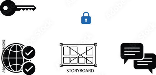 Security, Communication, and Creative Workflow Icon Set with Key, Padlock, Globe with Checkmarks, Storyboard, and Chat Bubbles Illustrations for Digital, Business, and Editable Vector Designs
