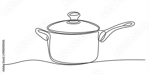 Continuous line drawing of a kitchen pot with a lid and handle for cooking and culinary concepts. Vector, illustration