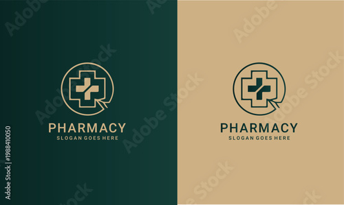 Pharmacy logo design with cross and speech bubble elements