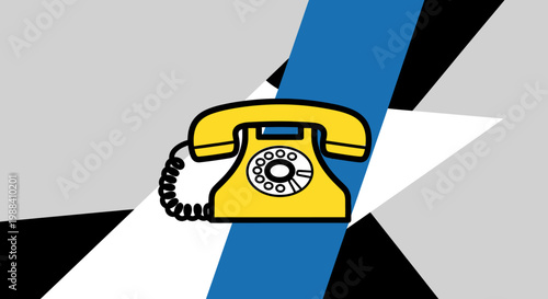 Retro yellow telephone on abstract geometric background with bold colors
