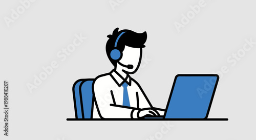 Customer service agent with headset and laptop in minimalist style on white background