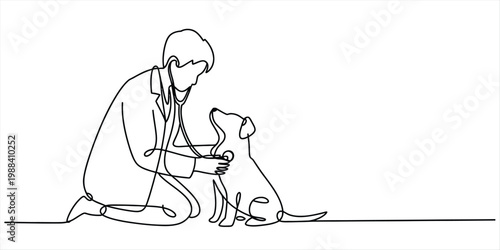 A continuous line drawing of a veterinarian examining a small dog with a stethoscope in a clinic Vector, illustration