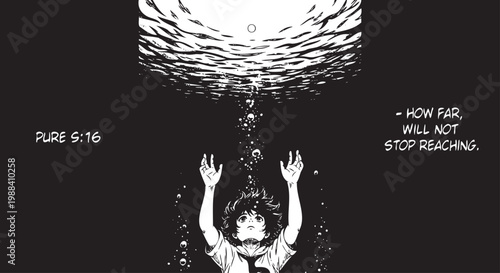black and white manga style illustration, child reaching up towards water surface, inspirational quote, biblical verse