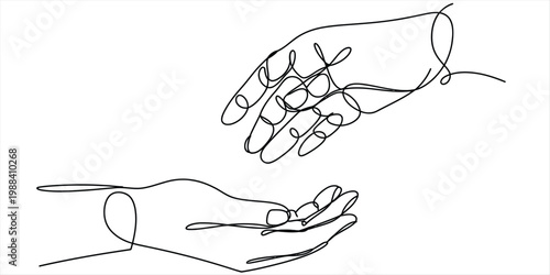 Continuous line drawing of two hands reaching out to each other in a gesture of help and support. Vector, illustration