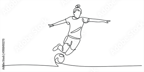 Continuous one line drawing of a female soccer player kicking a ball in action pose. Vector, illustration