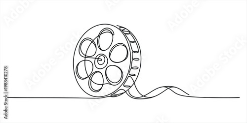 Continuous line drawing of a classic film reel with film strip trailing on a white background. Vector, illustration