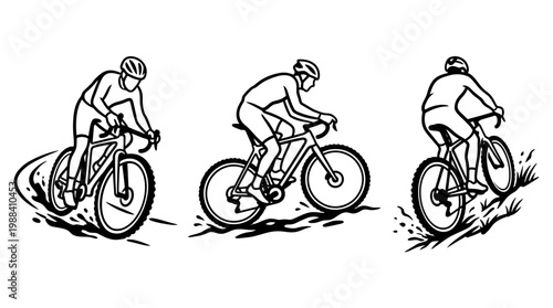 Cyclist riding bicycle on rough terrain, black and white illustration.