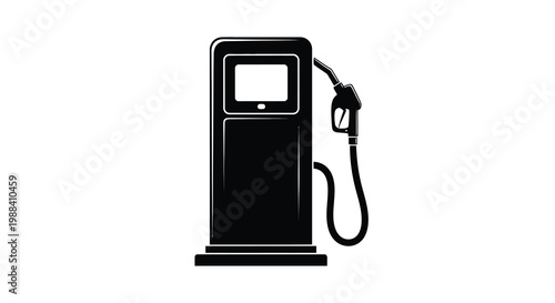 A black and white illustration depicts a modern gas pump with a nozzle and digital display