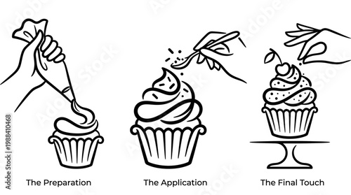 Cupcake Decoration Process - Piping, Sprinkling, and Cherry Placement.
