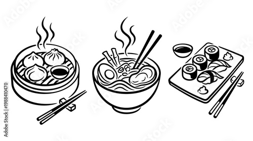 Delicious Asian Cuisine - Dumplings, Ramen, and Sushi Illustration.