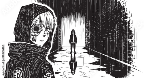 Anime girl in hoodie, manga style illustration, rainy city scene, black and white vector