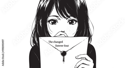 Sad girl holding envelope with clock, lost forever concept, black and white vector, illustration