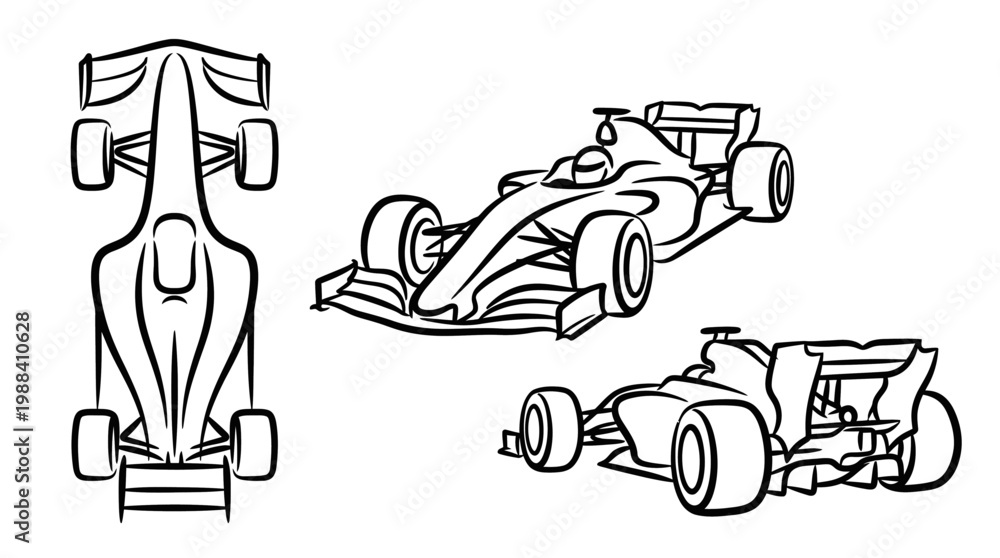 Fototapeta premium Detailed Black and White Illustrations of Formula One Race Cars.