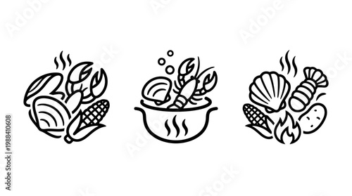 Delicious Seafood Boil Icons Representing Culinary Delights and Fresh Ingredients.