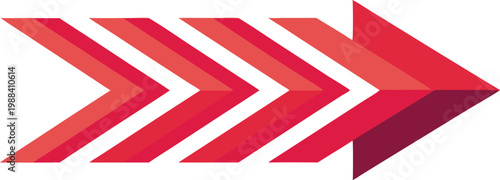 A series of red neon chevron arrows pointing upwards, isolated on transparent background, indicating progress