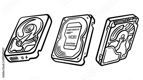Detailed Black and White Illustrations of Computer Hard Drives.