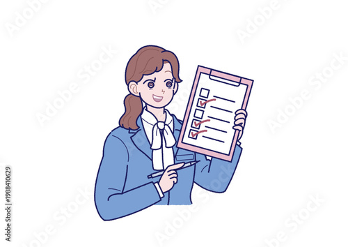 チェックシートとペンを持ったスーツ姿の若い女性のイラスト