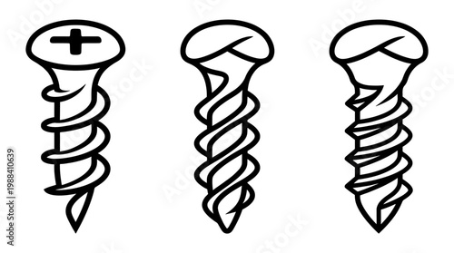 Detailed Black and White Illustrations of Three Different Screws.