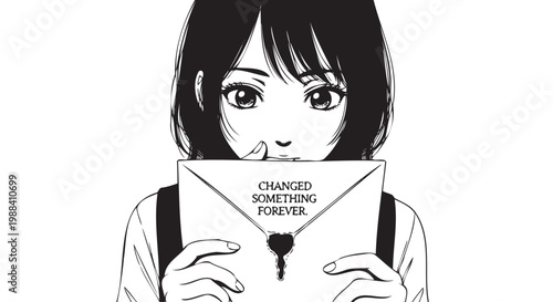 Girl holding envelope with key, changed something forever, manga style illustration, black and white vector
