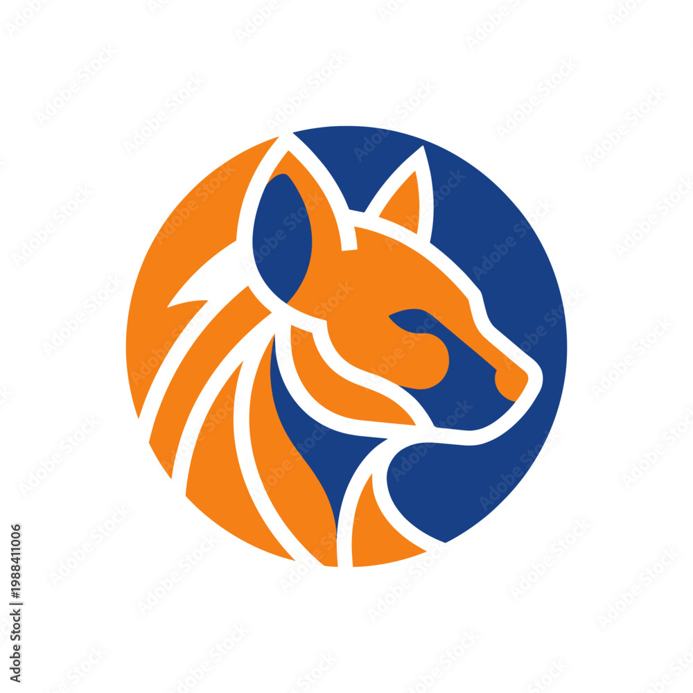 Obraz premium Stylized canine silhouette icon in a circular design, blending dynamic orange and deep blue hues, representing strength, wisdom, and a captivating dreamlike aesthetic