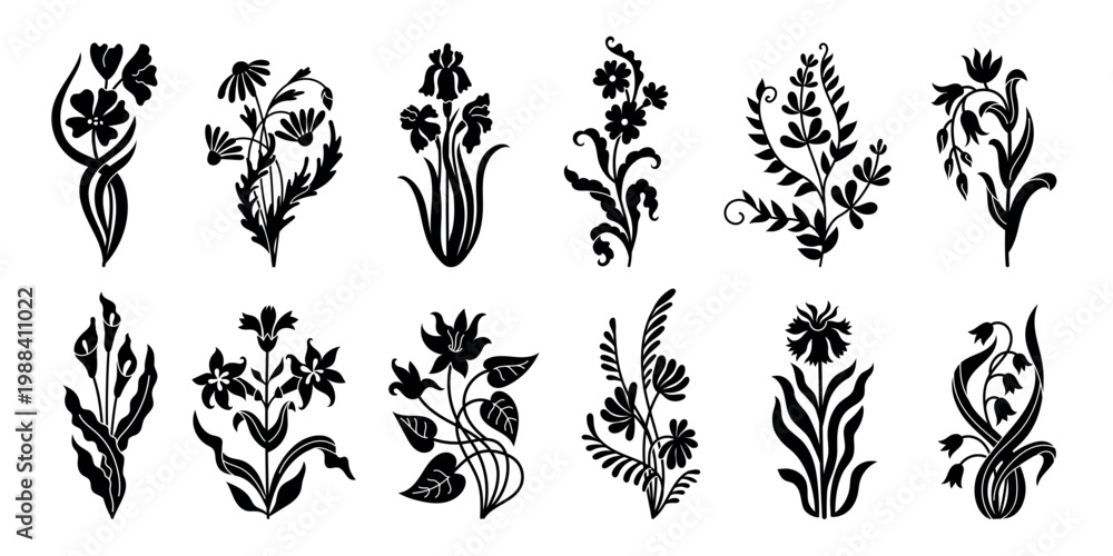 Obraz premium Art nouveau flowers vector set with tulip, lily, iris and daisy silhouettes, black decorative botanical stems and folk floral motifs, retro monochrome blossom collection