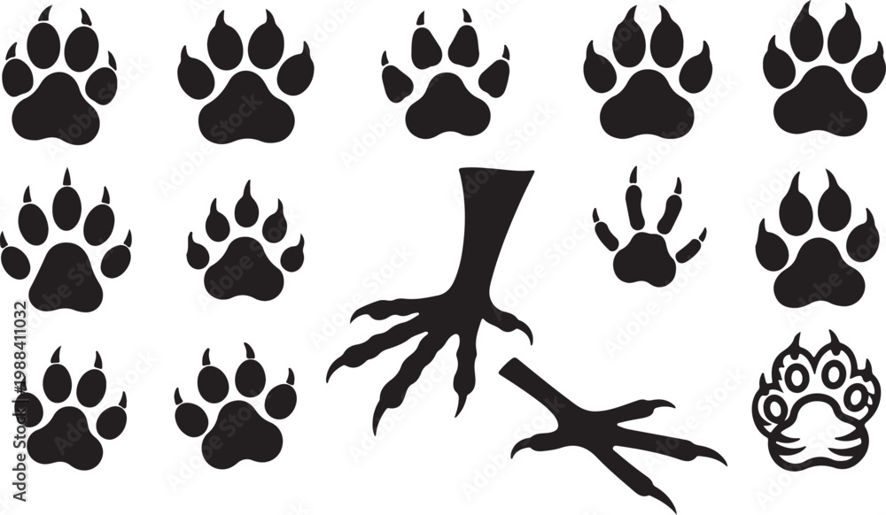 Fototapeta premium Animal Paw Prints and Bird Talon Silhouette Collection