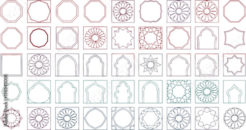 Set of Islamic shape window and door frame in flat style. Arabian Muslim shape arch. Collection of patterns in oriental style. Frames in Arabic Muslim design for Ramadan Kareem. Vector design Set.