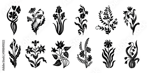 Art nouveau flowers vector set with tulip, lily, iris and daisy silhouettes, black decorative botanical stems and folk floral motifs, retro monochrome blossom collection