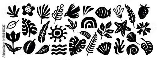 Summer set with black tropical leaves, fish, bird, shell, seashell, starfish, strawberry, flower, rainbow, sun and waves, abstract silhouette vector collection