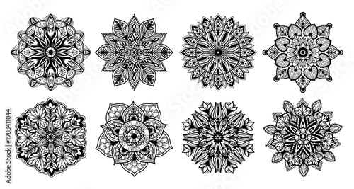 Mandala pattern vector set with floral ornamental rosettes, decorative circular medallions and symmetrical henna designs, intricate black and white monochrome ornaments