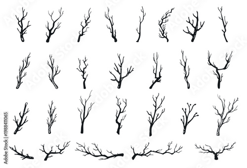Silhouette twigs. Tree branches, rustic sticks. Hand drawn wood twig, winter bare black branch, forest outline wooden logs. Woodland minimal doodles, Halloween horror vector sketch isolated set