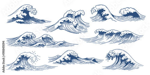 Sketch sea waves. Ocean blue water surfing wave vintage hand drawn, foam and storm splashes doodle, nautical outline in ukiyoe Japanese engraving style. Maritime retro tattoo vector isolated set