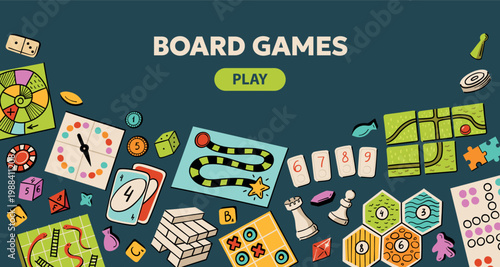Board game background with colorful cartoon tabletop pieces for family leisure and entertainment, vector play banner with cards, dice, domino, puzzle, snake ladder, button and title template