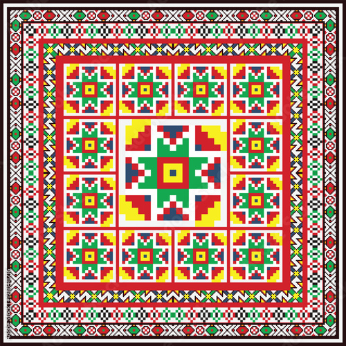Traditional ethnic geometric pattern with pixel art style, perfect for textile design, wallpaper, and folk backgrounds