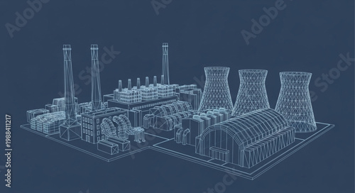 Blueprint of a large industrial power plant with cooling towers.
