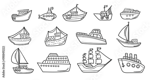 Ship vessel doodle set with yacht, sailboat, submarine, steamer and liner, hand drawn marine transport collection of boats and ships, monochrome vector outline for nautical travel and sea navigation