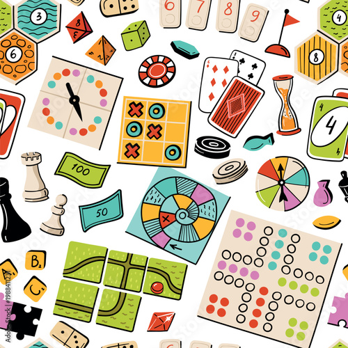 Board game seamless pattern with colorful cartoon tabletop pieces, cards, dice, domino, spinner, chess pawn, tic tac toe, snake ladder, ludo and bingo, vector repeating background