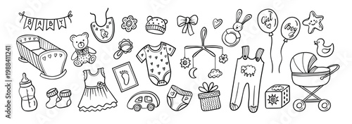 Baby shower doodle icons with newborn girl and boy, cute nursery items, teddy bear, rabbit, cradle, stroller, bottle, socks, dress, bib, balloons and toys, vector outline set