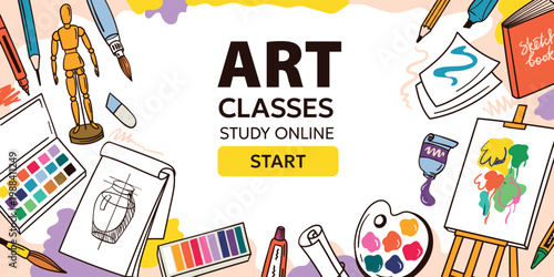 Art classes online study background for education course and school learning, colorful vector banner with palette, easel, paint, brush, pencil and sketchbook, hand drawn supplies
